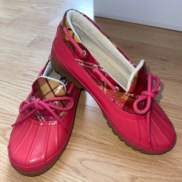 Women’s Sperry Top-Sider Red with Plaid Short Rain / Duck Boots / Shoes Size 6 - Picture 1 of 6